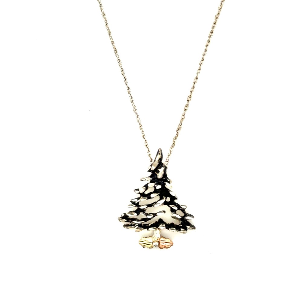 Landstroms Black Hills Gold Sterling Silver Christmas Tree Necklace 12K Leaf